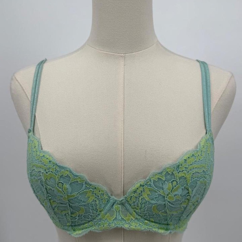 Victoria's Secret PINK Pine Green Floral Lace Bra Neon Straps 32C